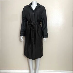 Black PU leather belted single breasted long trench coat